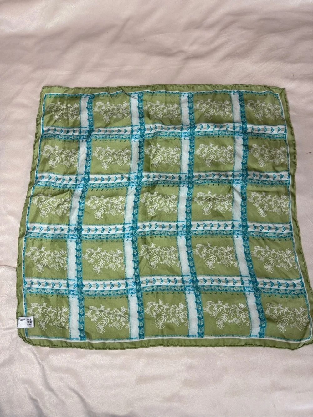Source Unknown Green and Teal Plaid Silk Scarf
